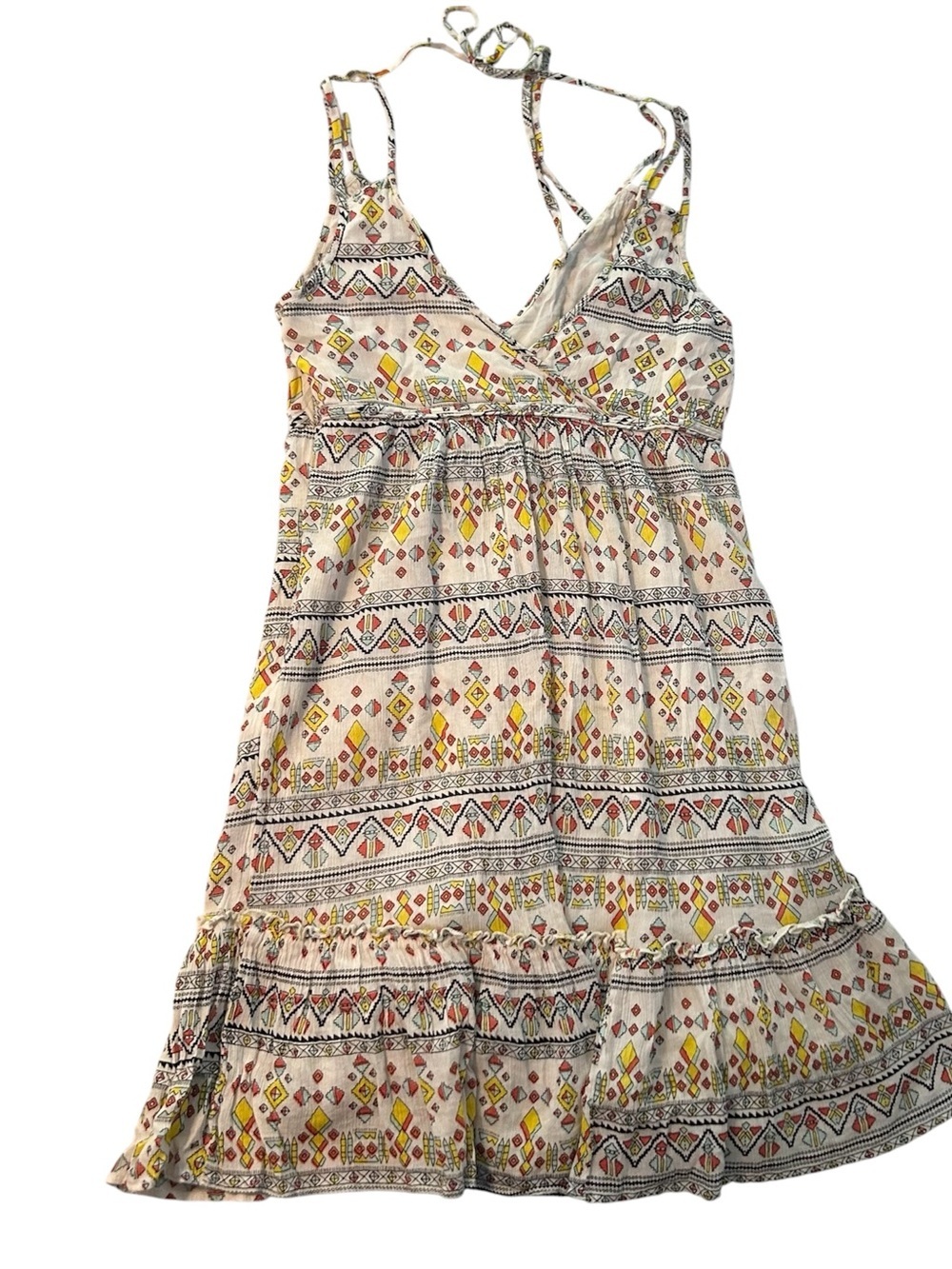 Jessica Simpson Cream Halter Sundress with Yellow & Coral Geometric Print Size M